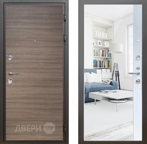 Входная металлическая Дверь Шелтер (SHELTER) Комфорт Дуб тоскано поперечный 14 с зеркалом Белый матовый в Реутове