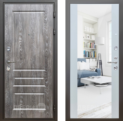 Входная металлическая Дверь Шелтер (SHELTER) Комфорт Дуб шале серебро 13 с зеркалом Белый матовый в Реутове