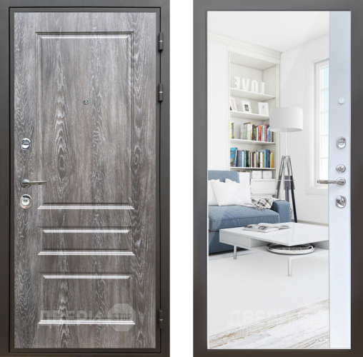 Входная металлическая Дверь Шелтер (SHELTER) Комфорт Дуб шале серебро 14 с зеркалом Белый матовый в Реутове